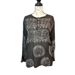 Dharma Shop Black Om Print Henley Tunic Womens Medium‎ Boho Nepal Cotton Top